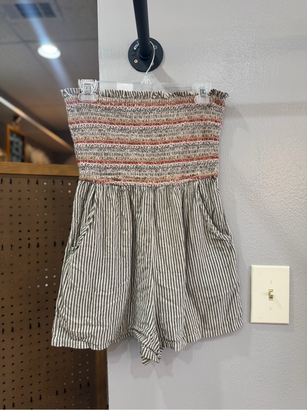 American Eagle Outfitters Striped Smocked Strapless Romper - Beige, Black, Red